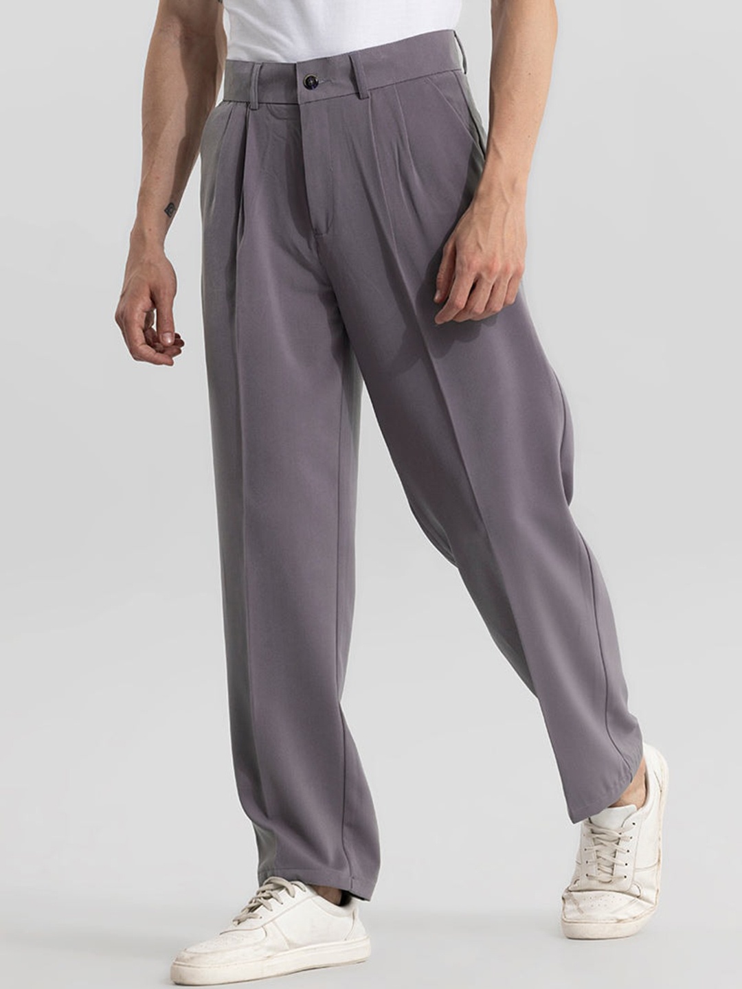 

Snitch Men Grey Smart Loose Fit Mid-Rise Pleated Trousers