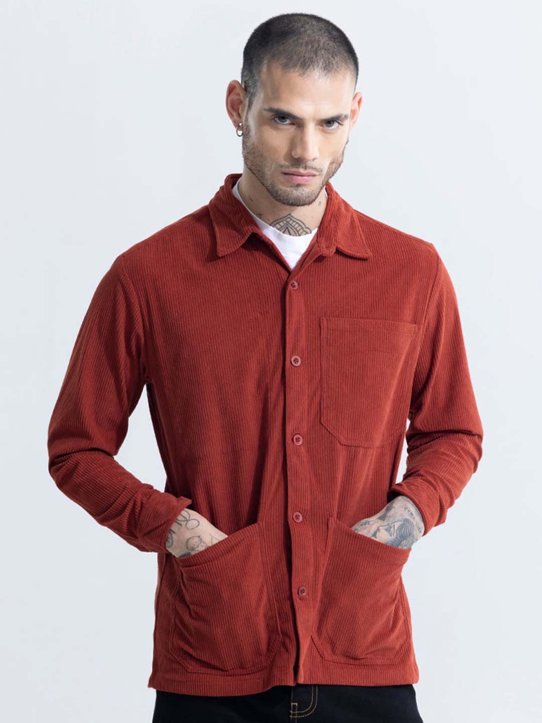 

Snitch Red Classic Tailored Fit Ribbed Textured Spread Collar Casual Shirt