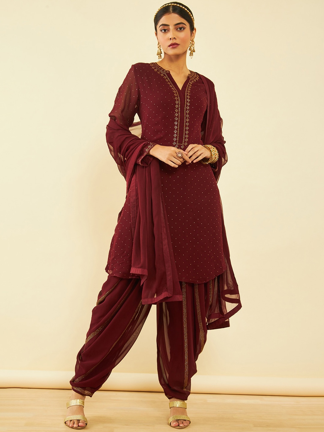 

Soch Maroon Embellished Beads & Stones Kurta With Patiala & Dupatta