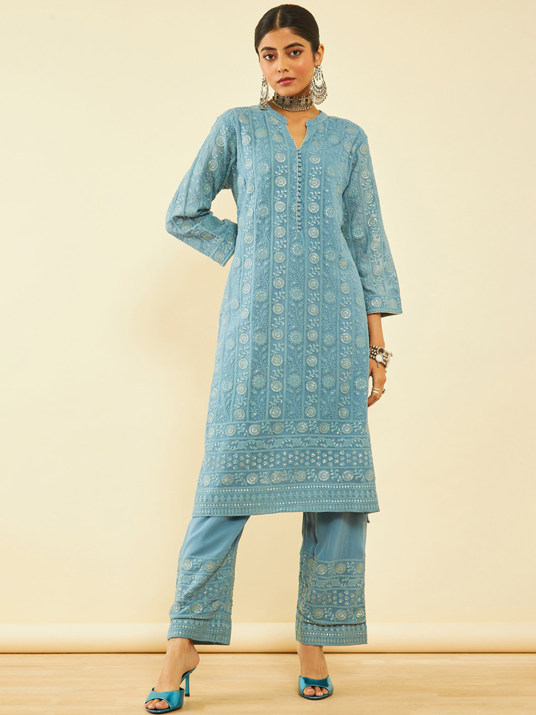 

Soch Embroidered Georgette Regular Kurta with Trousers, Blue