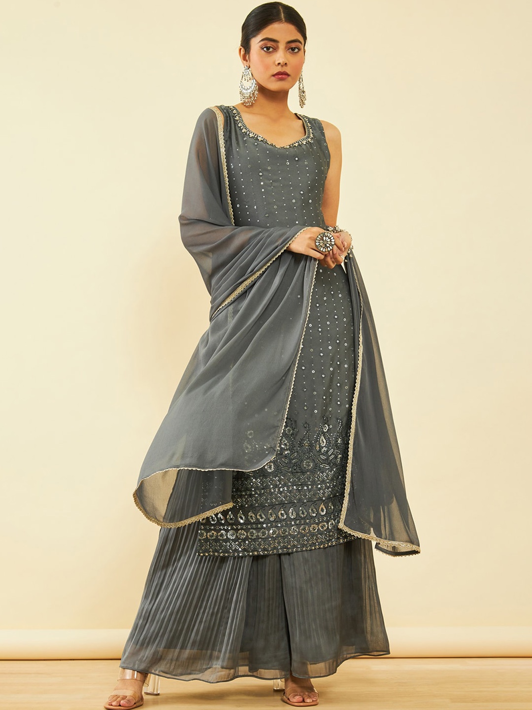 

Soch Sequinned Embroidered Kurta With Palazzos & Dupatta, Grey