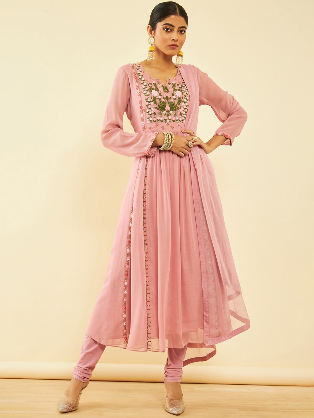 

Soch Floral Embroidered Beads and Stones Georgette Kurta with Churidar & Dupatta, Pink