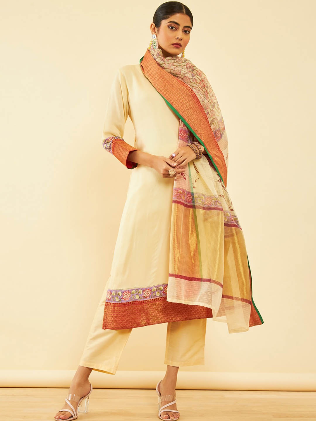

Soch Round Neck Regular Kurta with Trousers & With Dupatta, Cream
