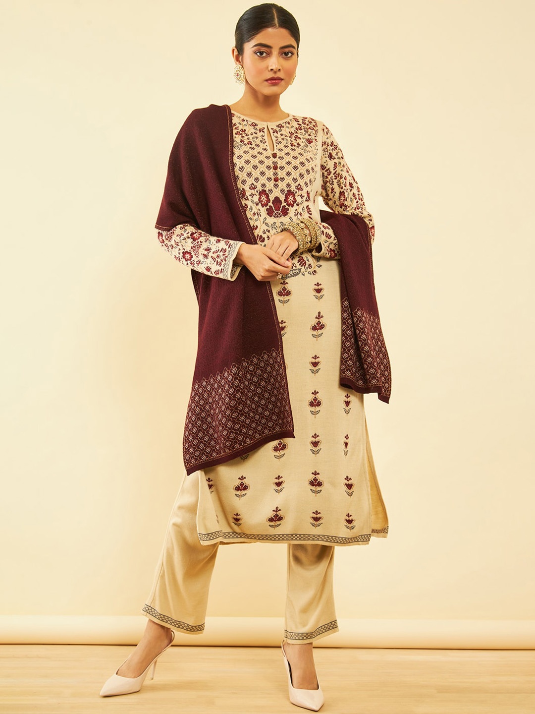 

Soch Beige Ethnic Motifs Woven Design Long Sleeve Acrylic Regular Kurta With Trouser