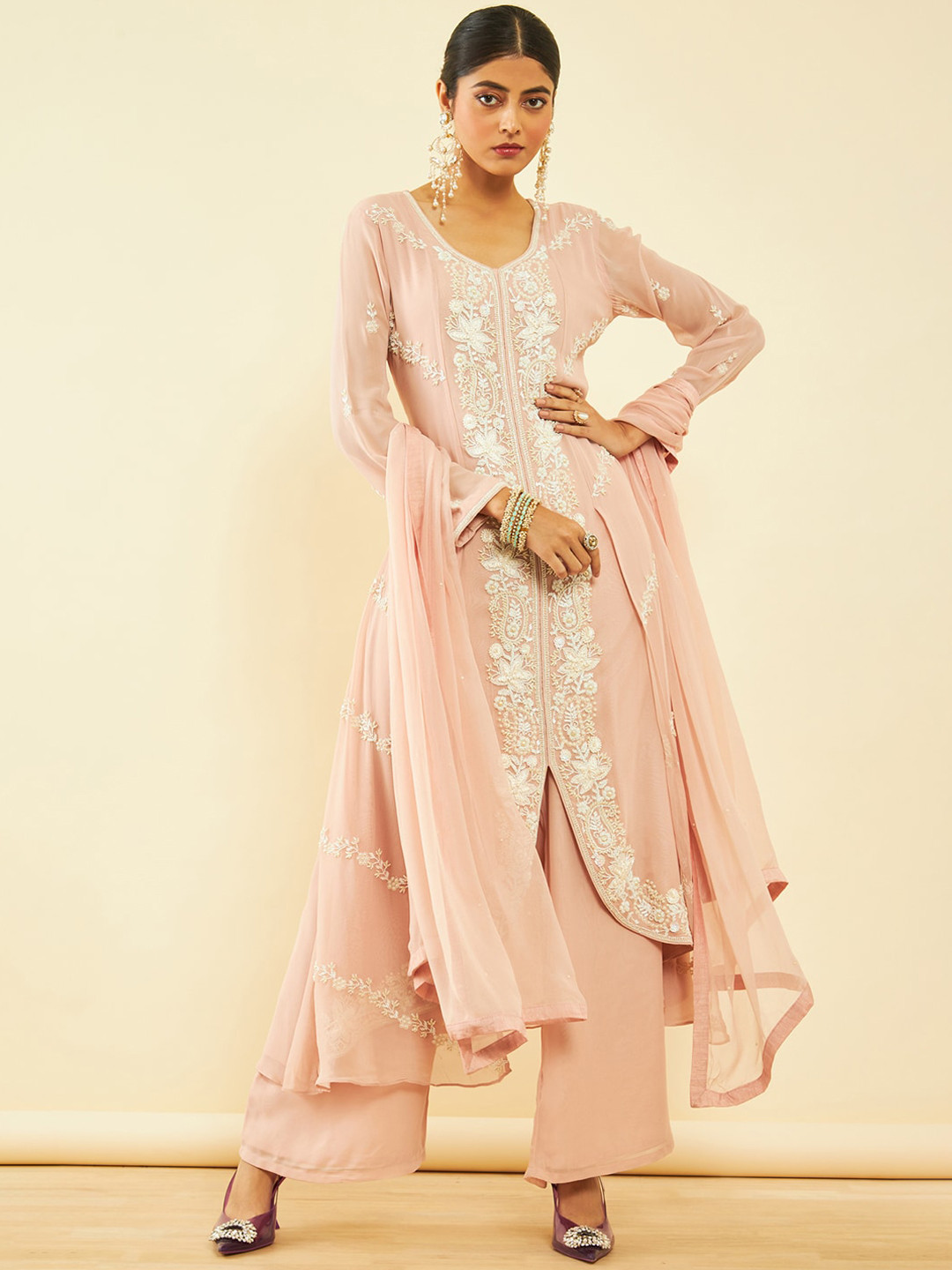 

Soch Floral Embroidered Beads and Stones Kurta & Palazzos With Dupatta, Pink