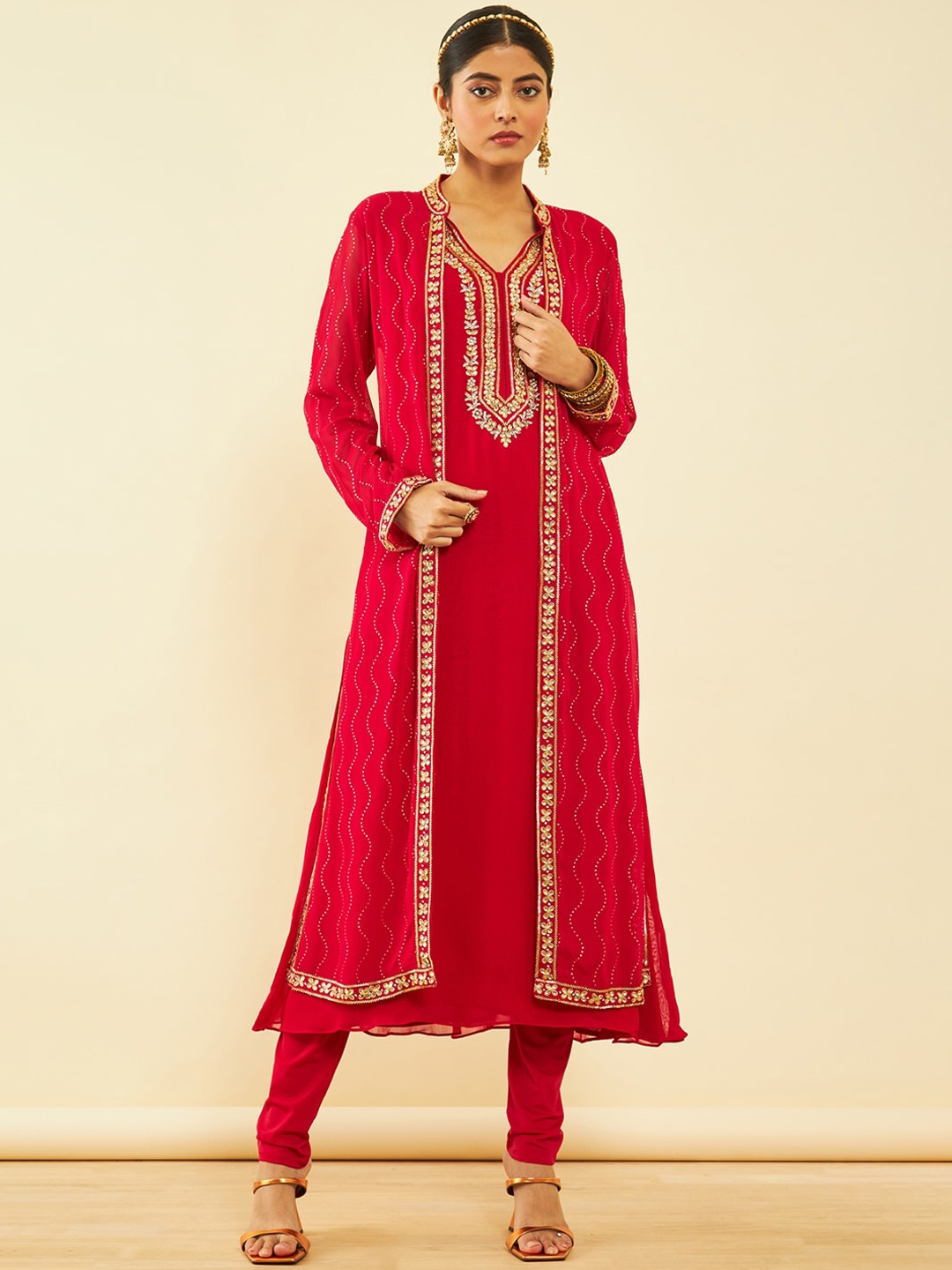 

Soch Floral Embroidered Regular Kurta with Churidar & With Dupatta, Pink