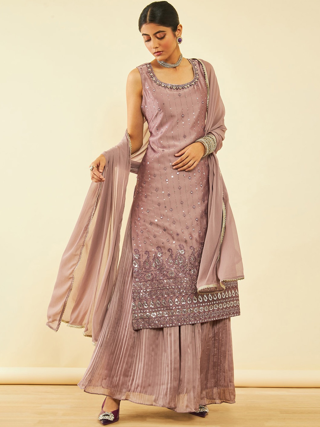 

Soch Pink Embellished Sequinned Kurta & Palazzos With Dupatta