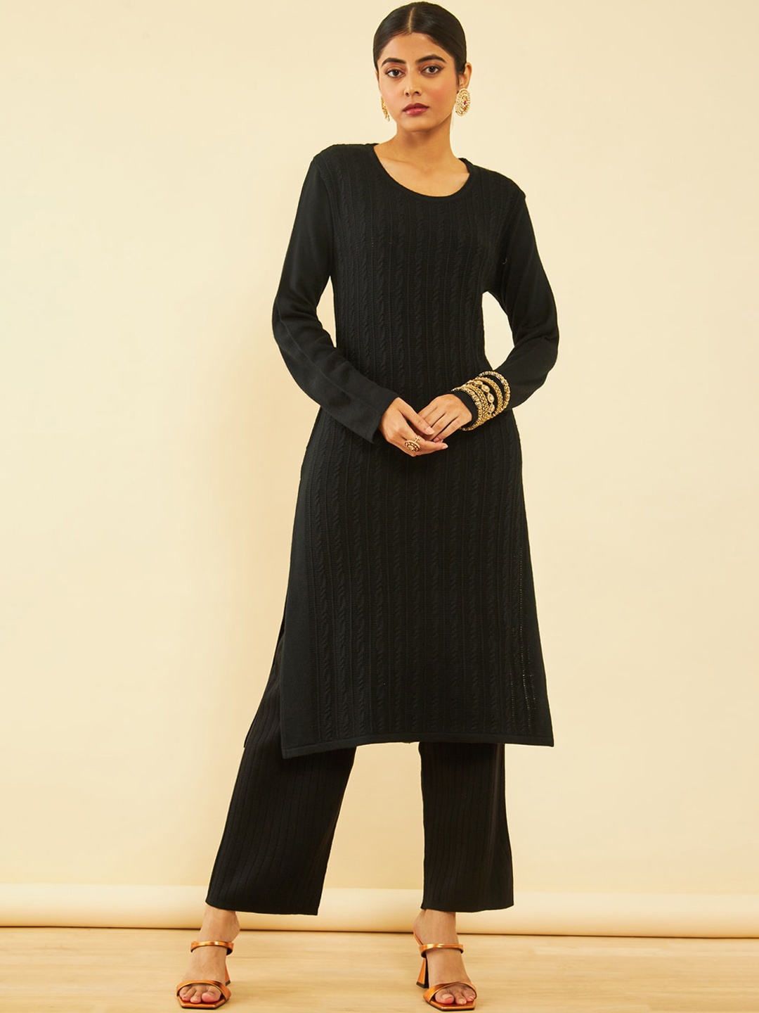 

Soch Self Design Acrylic Straight Kurta with Palazzo, Black