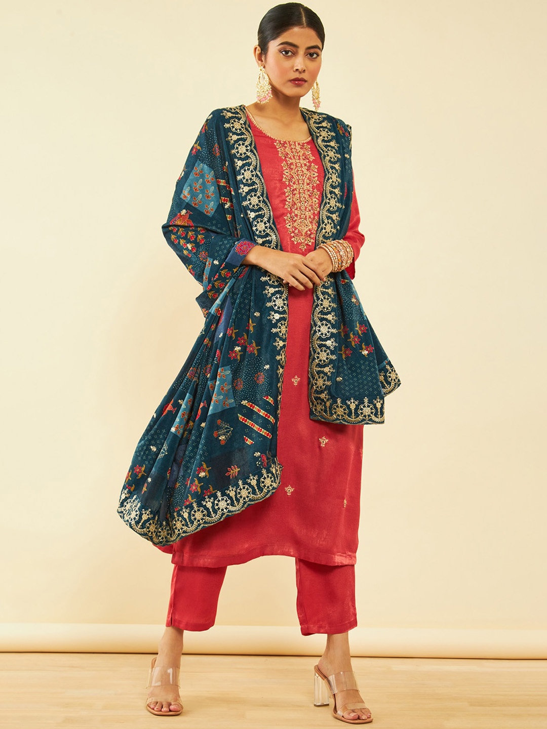 

Soch Yoke Design Straight Thread Work Velvet Kurta with Trousers & Dupatta, Rust