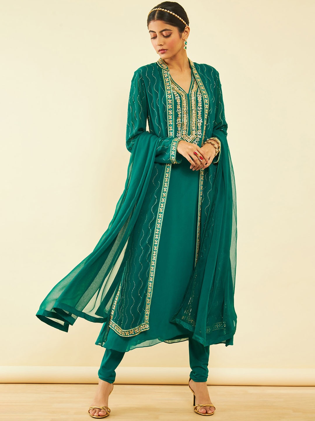 

Soch Floral Yoke Design Beads and Stones Kurta & Churidar & Dupatta With Shrug, Green