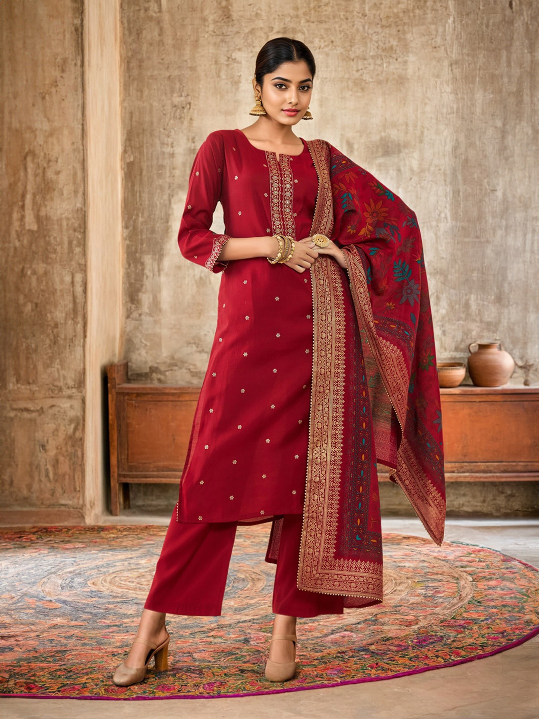 

Soch Floral Printed Kurta With Trousers & Dupatta, Maroon