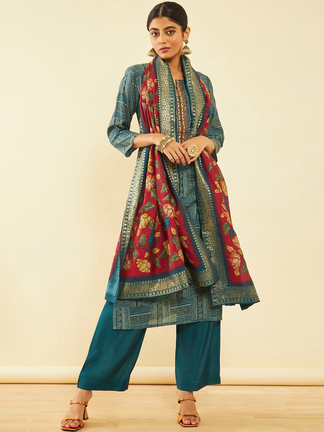 

Soch Geometric Printed Regular Sequinned Kurta With Palazzos & Dupatta, Teal