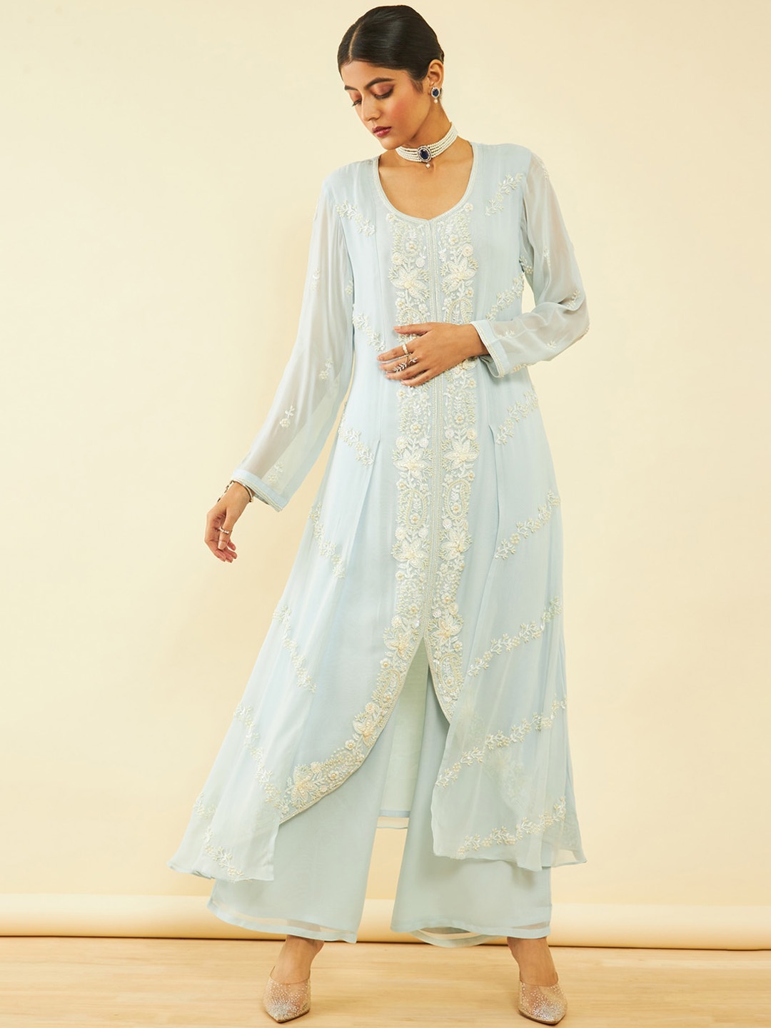 

Soch Paisley Embroidered Beads & Stones Georgette A Line Kurta With Palazzos & Dupatta, Blue