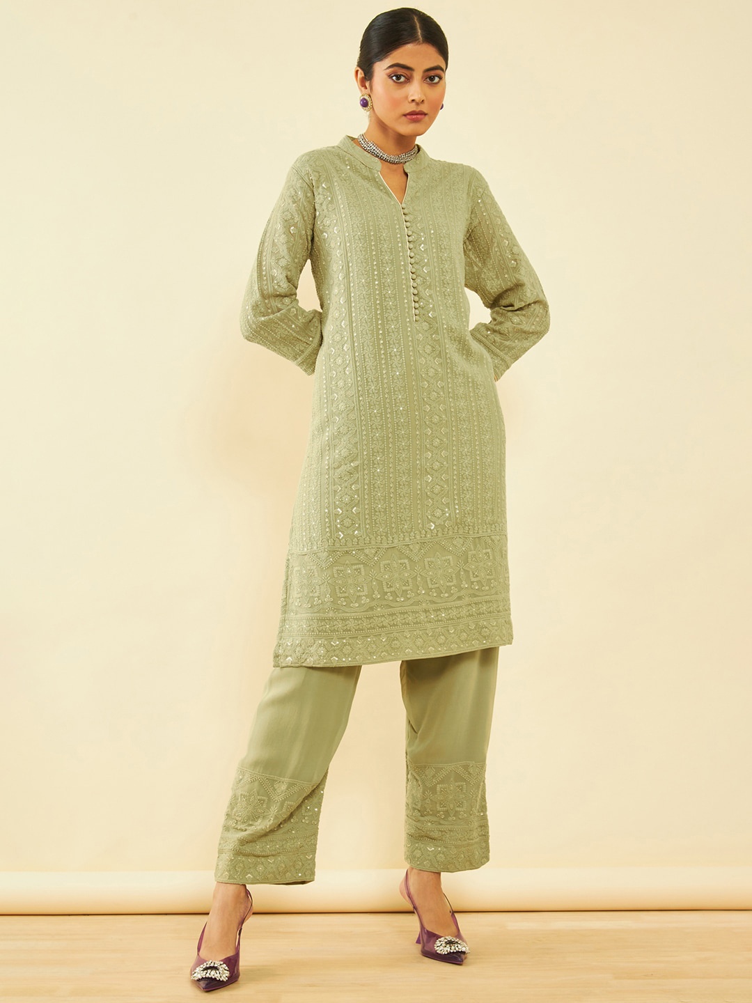 

Soch Floral Embroidered Sequinned Mandarin Collar Georgette Kurta with Trouser, Olive