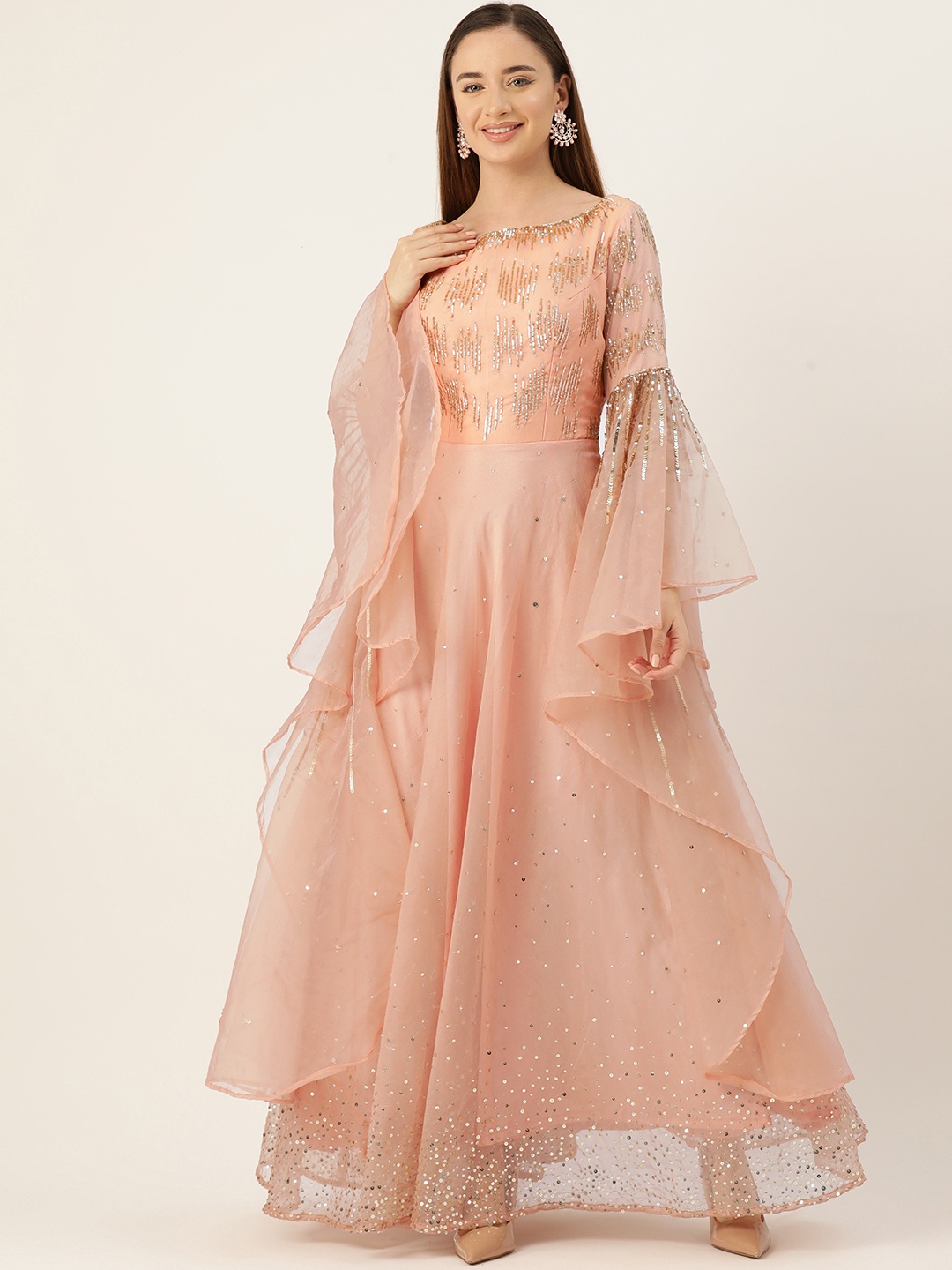 

Simaaya Women Embellished Flared Sleeves Maxi Gown, Peach