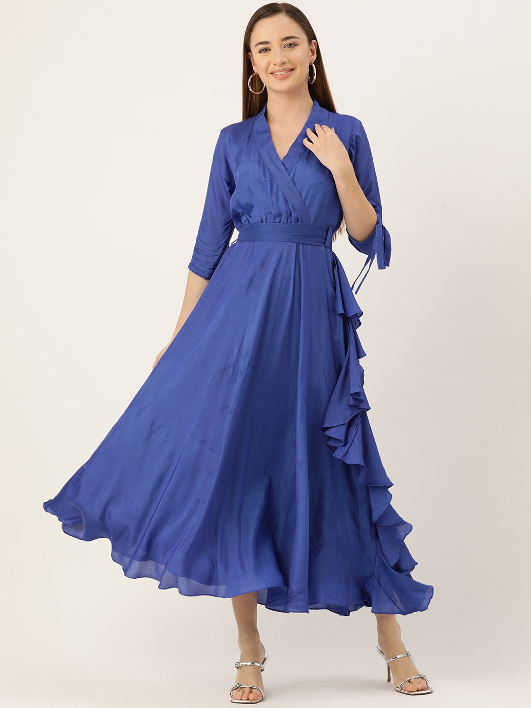 

Simaaya Women Solid Ruffled Wrap Midi Dress, Blue
