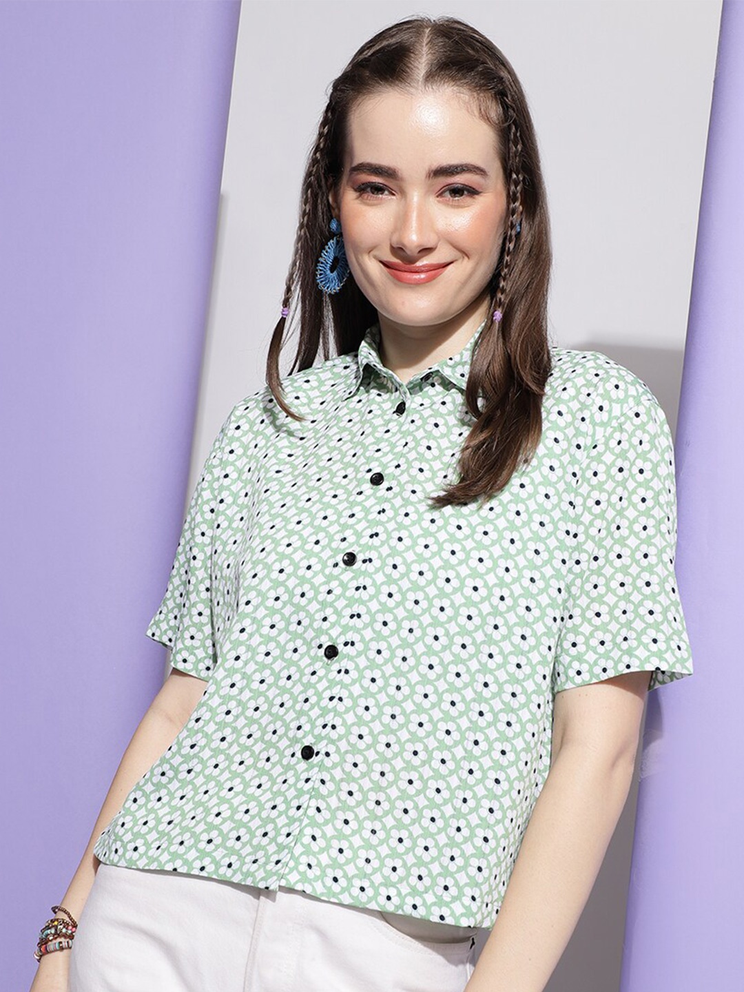 

Colors of Earth Classic Floral Printed Georgette Casual Shirt, Green