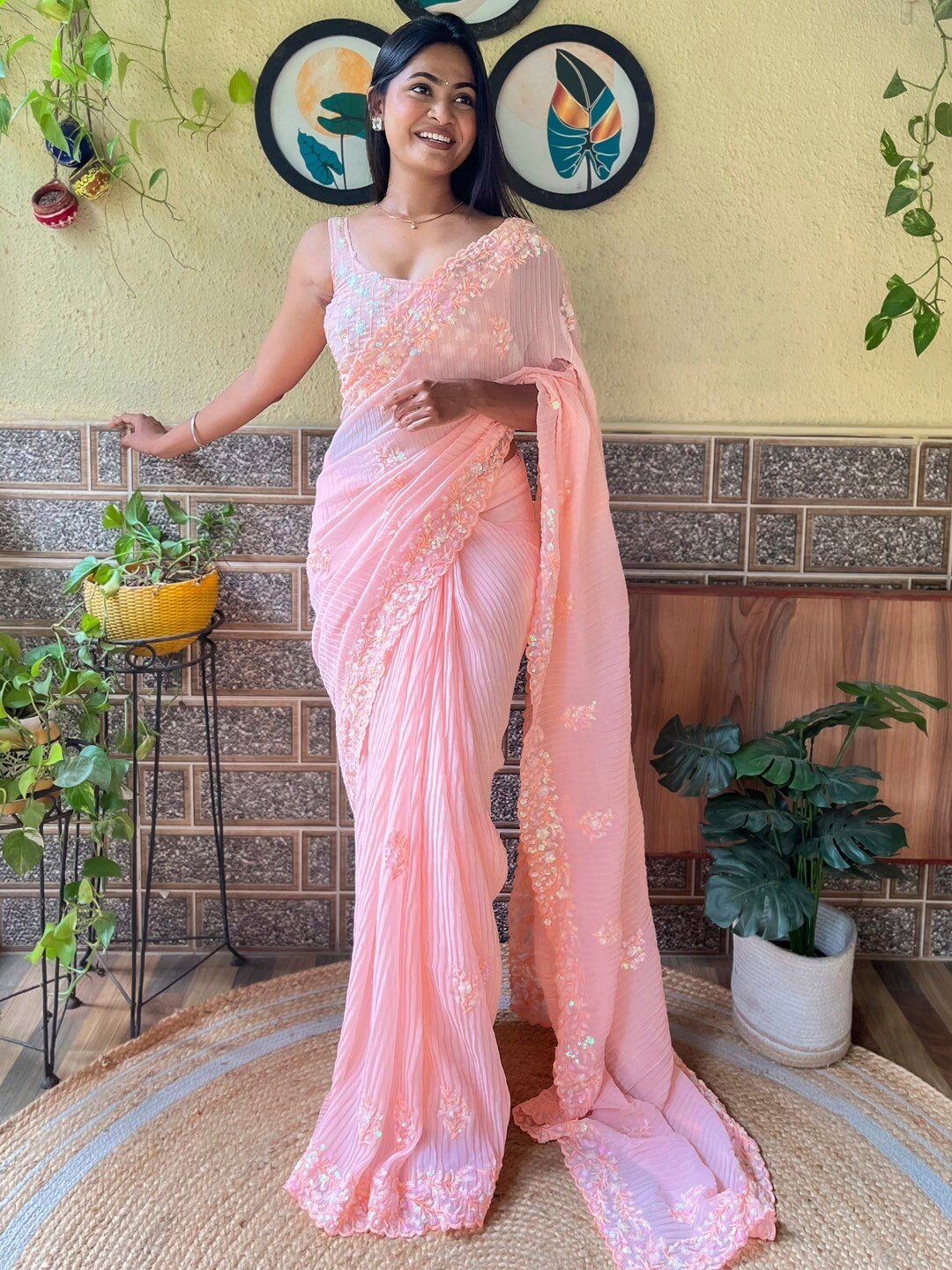 

Mitera Embellished Sequinned Pure Georgette Saree, Peach