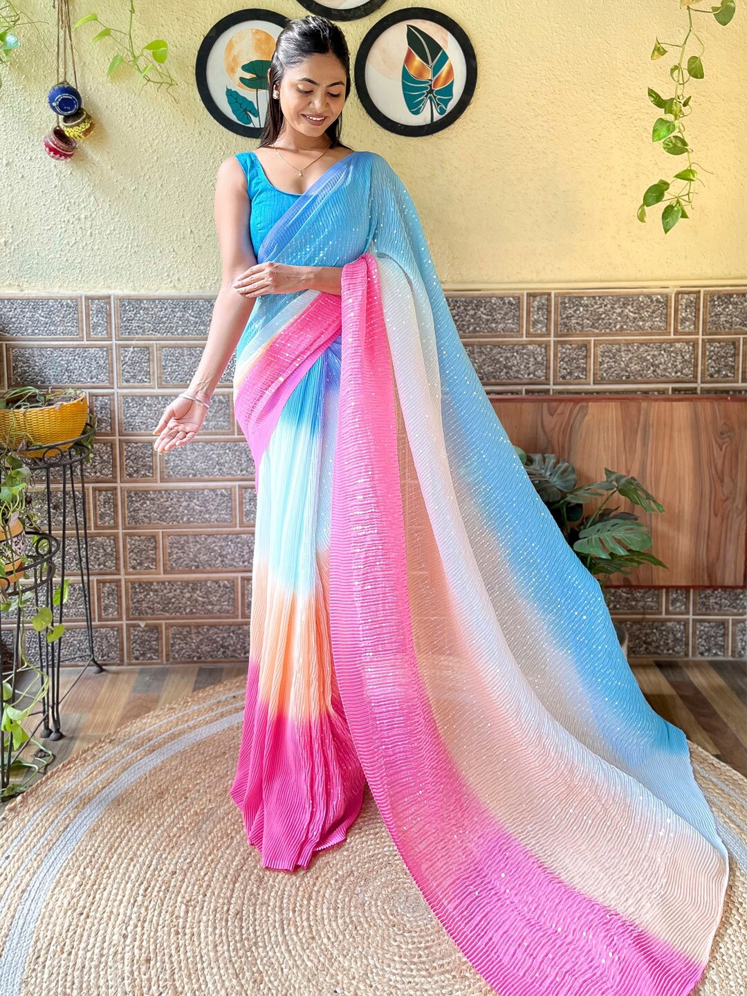 

Mitera Blue Pink Ombre Embellished Poly Georgette Designer Saree