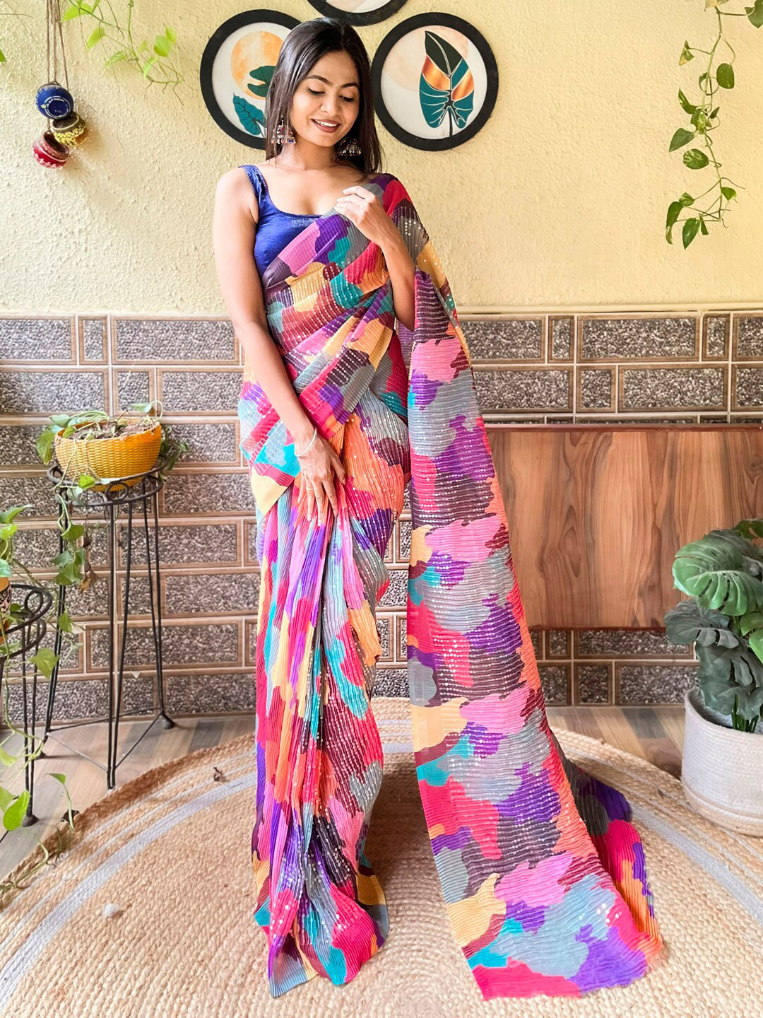 

Mitera Pink Blue Tie and Dye Sequined Poly Georgette Saree