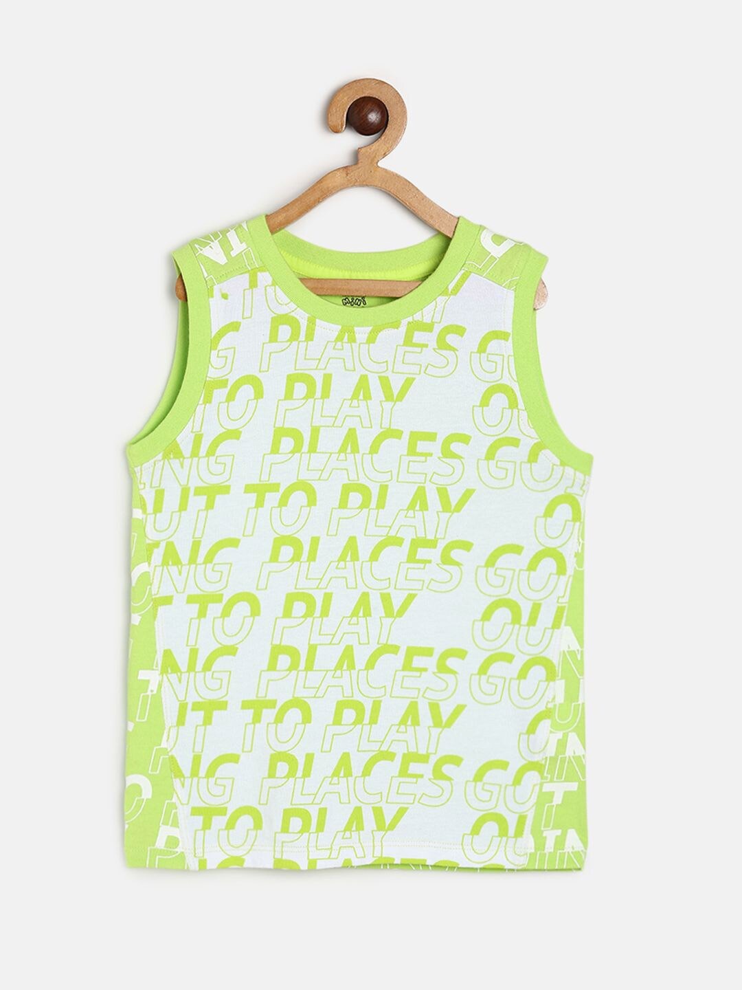 

MINI KLUB Boys Typography Printed Sleeveless Pure Cotton T-shirt, White