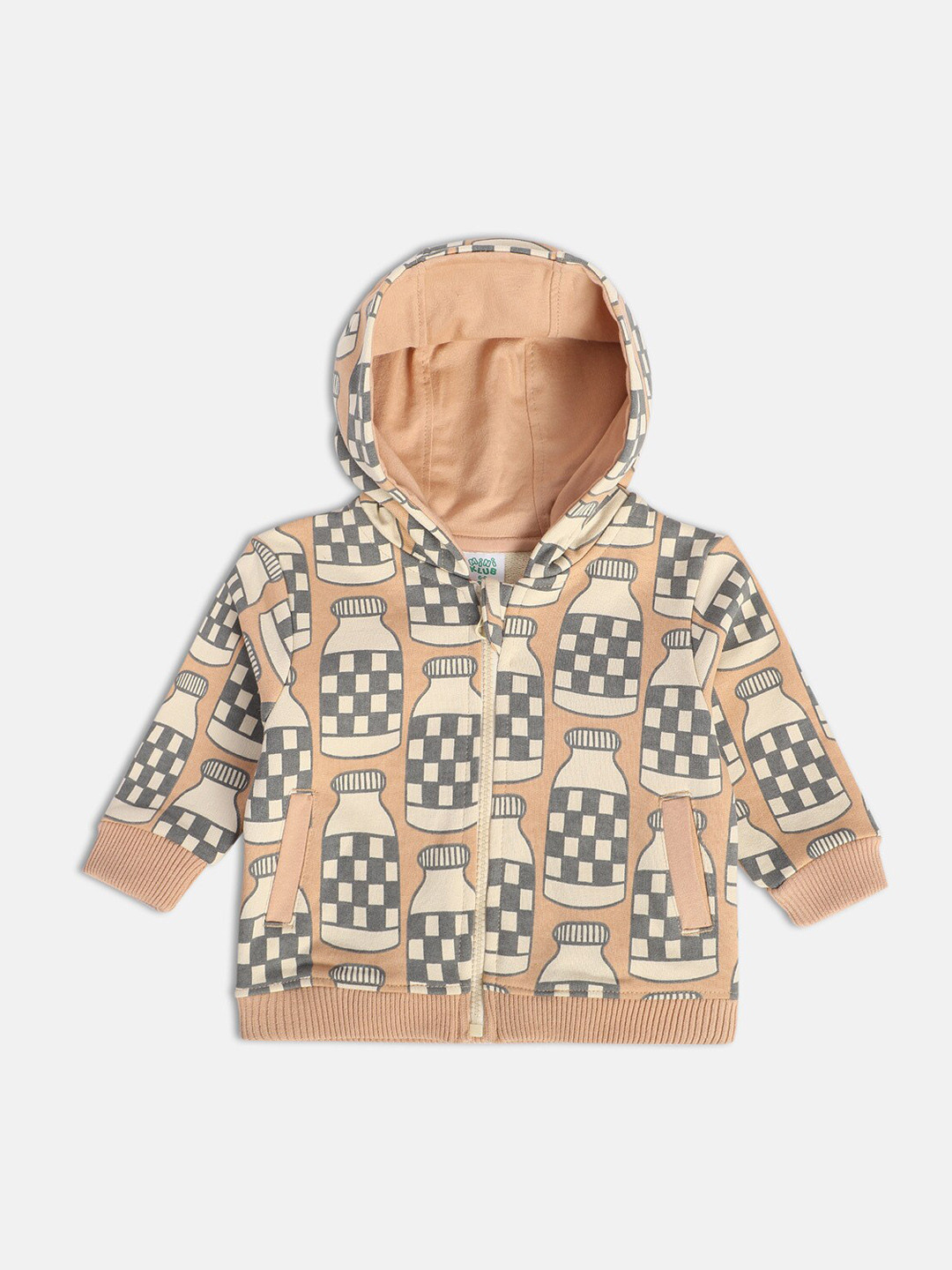 

MINI KLUB Boys Graphic Printed Hooded Open Front Jacket, Beige