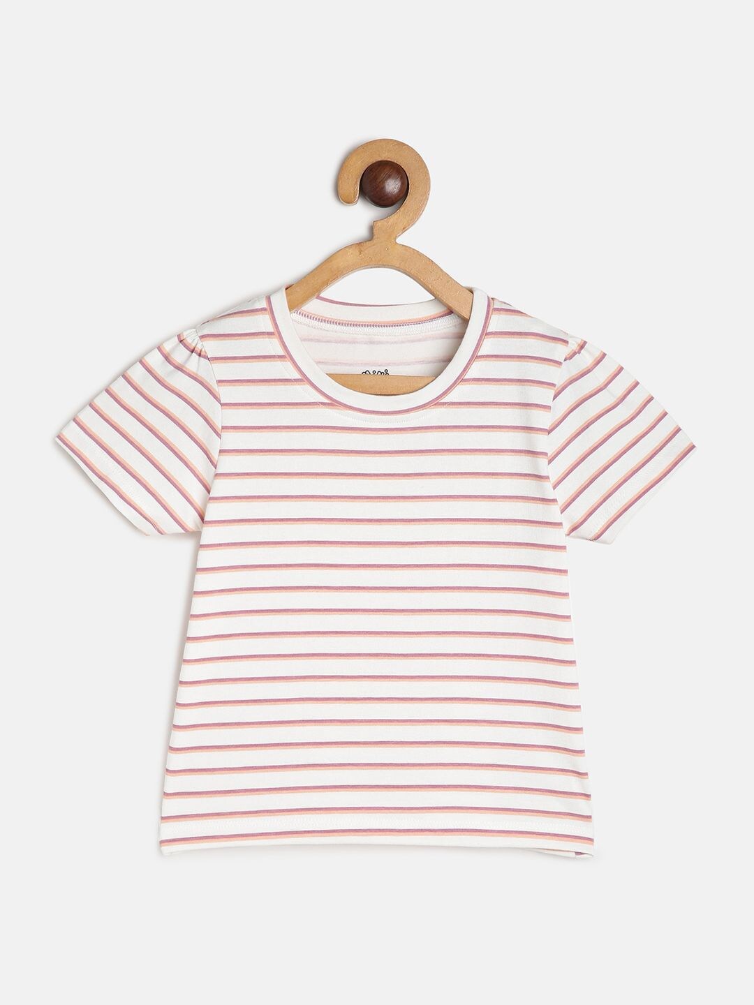MINI KLUB Girls Horizontal Striped Puff Sleeves Cotton Top, White