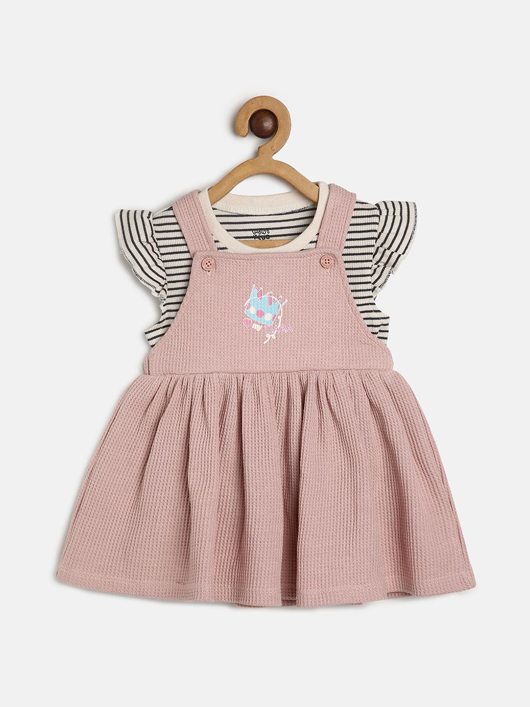 

MINI KLUB Infant Girls Self Design Gathered Pinafore Dress With Cap Sleeves Tshirt, Pink