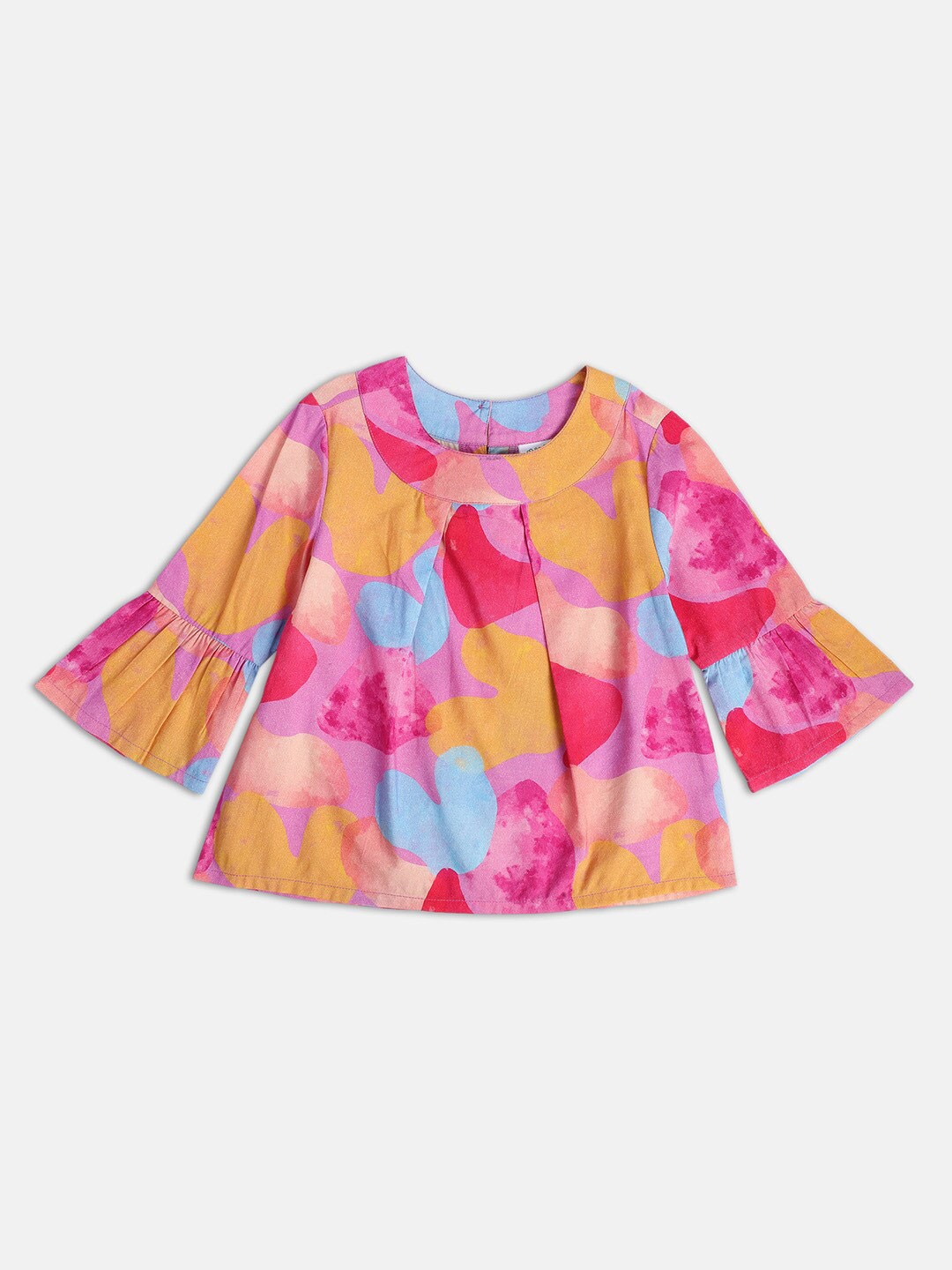 

MINI KLUB Girls Conversational Printed Bell Sleeves A-Line Cotton Top, Mustard