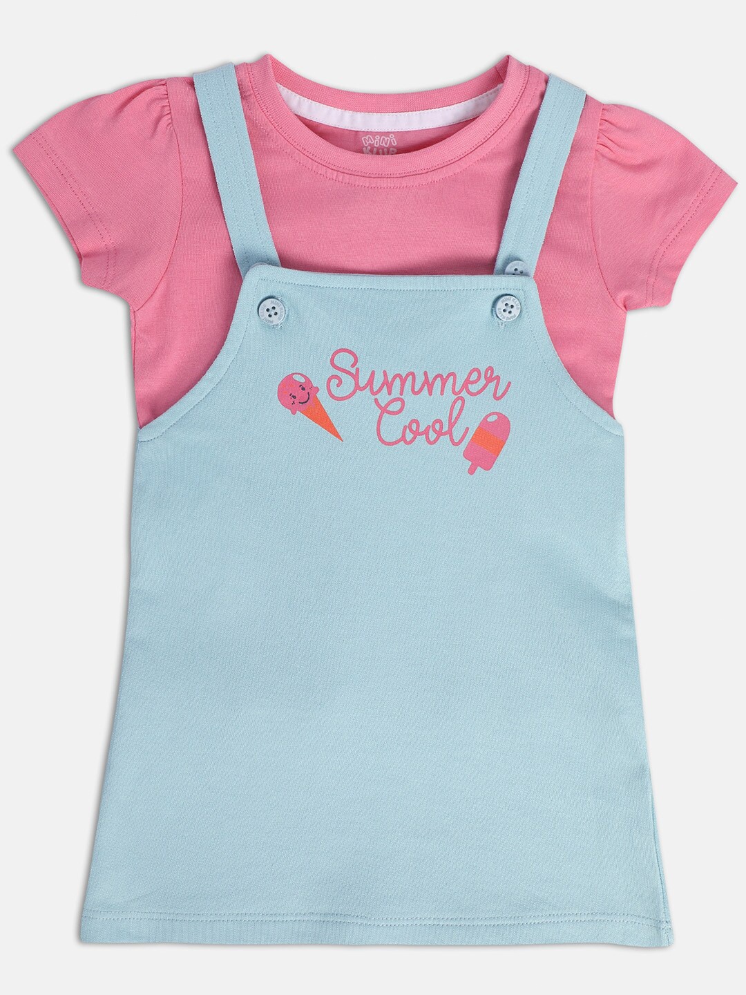 

MINI KLUB Infant Girls Typography Printed Pure Cotton Pinafore Dress with T-shirt, Turquoise blue