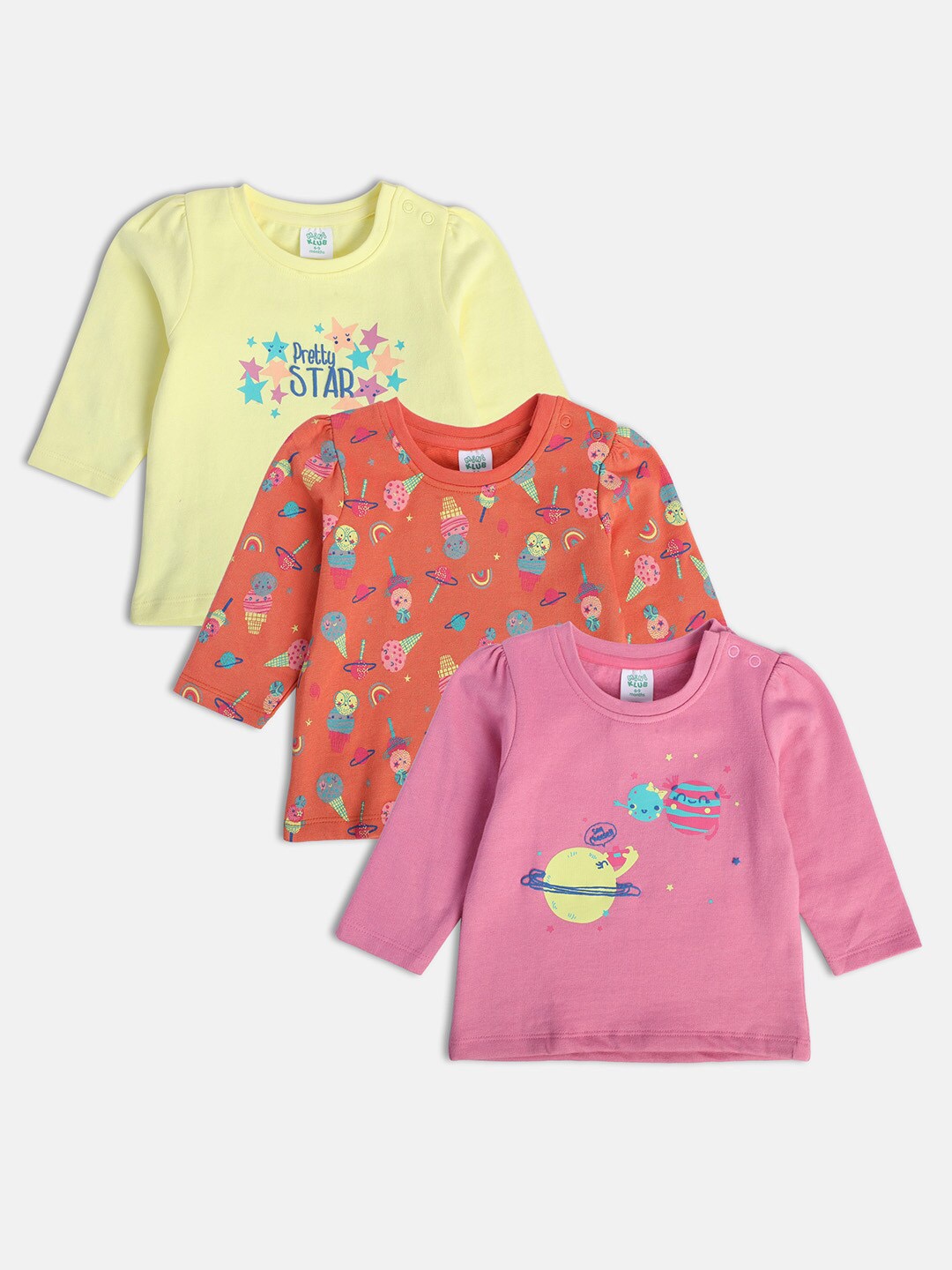 

MINI KLUB Infants Girls Pack of 3 Graphic Printed Pure Cotton Top, Green