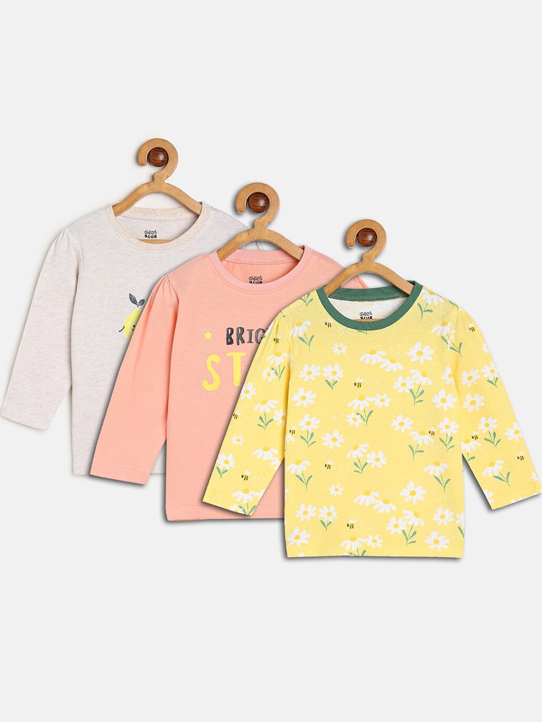 

MINI KLUB Girls Pack Of 3 Floral Printed Pure Cotton Top, Yellow