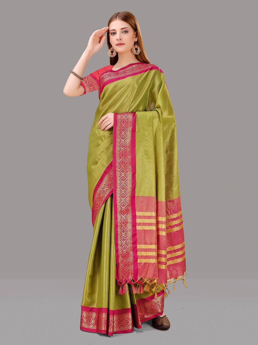 

ZIBLON Woven Design Zari Art Silk Kanjeevaram Saree, Lime green
