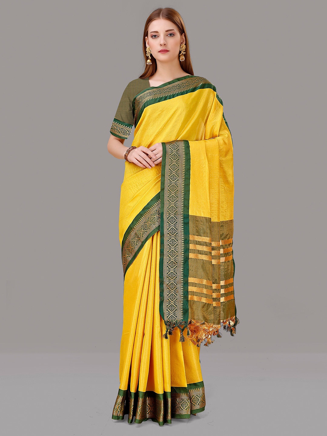 

ZIBLON Woven Design Zari Art Silk Kanjeevaram Saree, Yellow