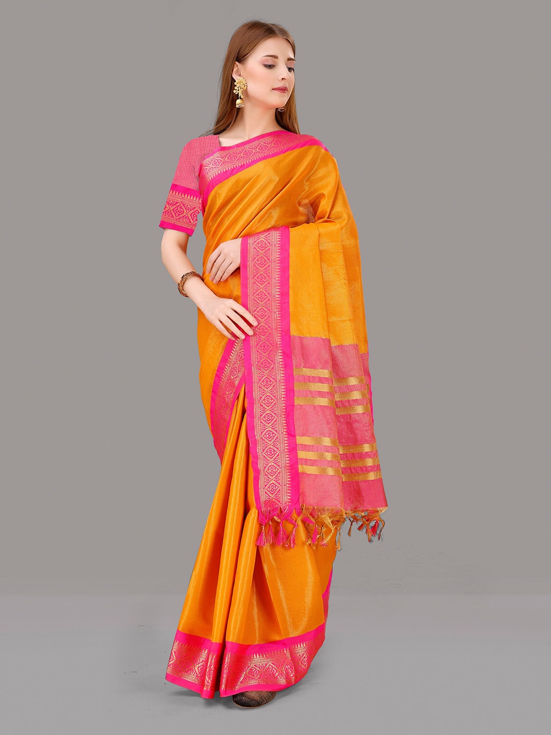 

ZIBLON Zari Kanjeevaram Saree, Mustard