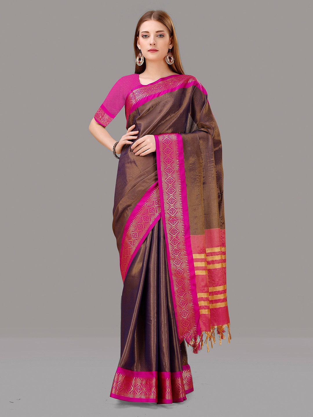 

ZIBLON Zari Kanjeevaram Saree, Coffee brown