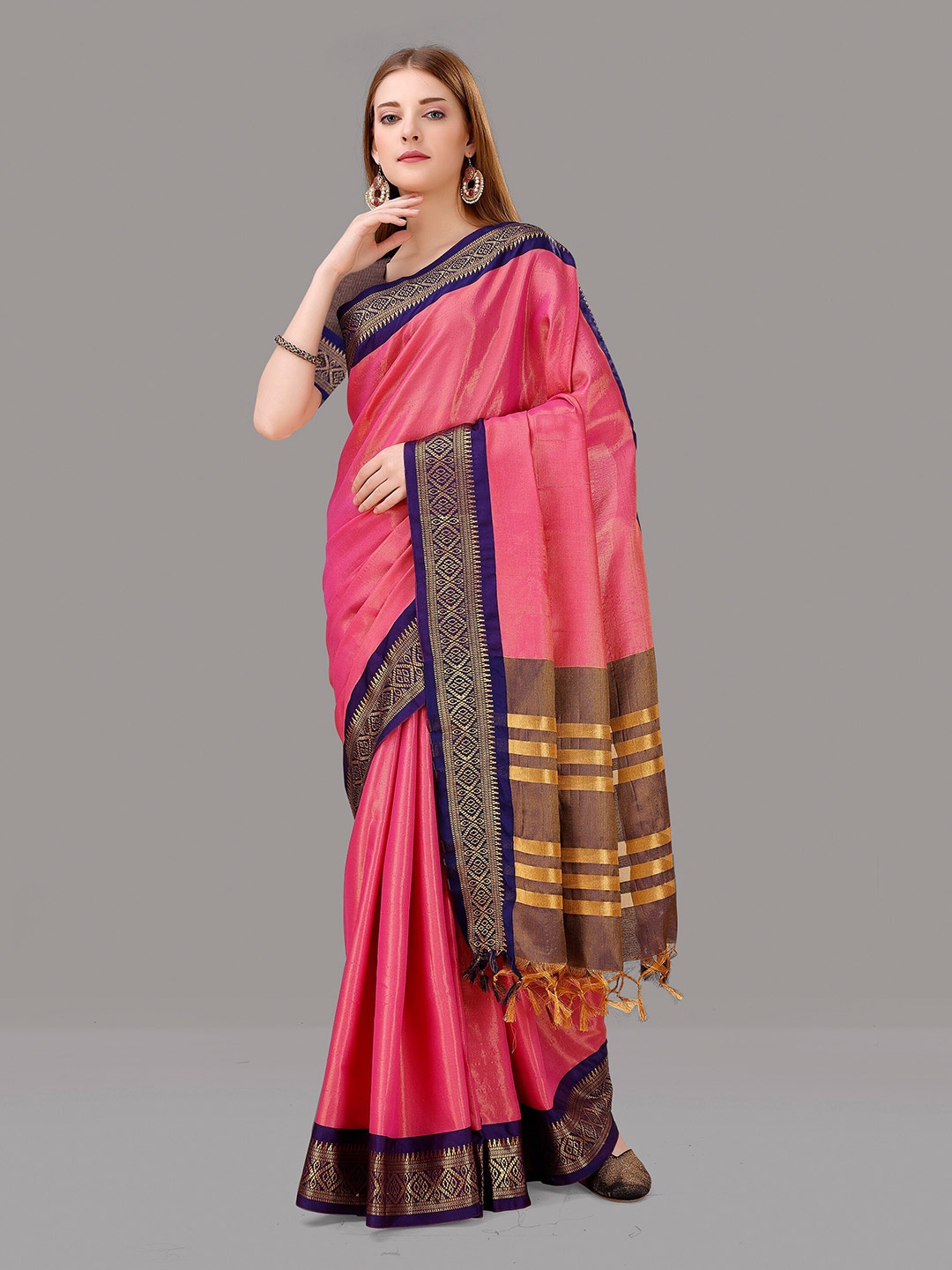 

ZIBLON Zari Kanjeevaram Saree, Pink