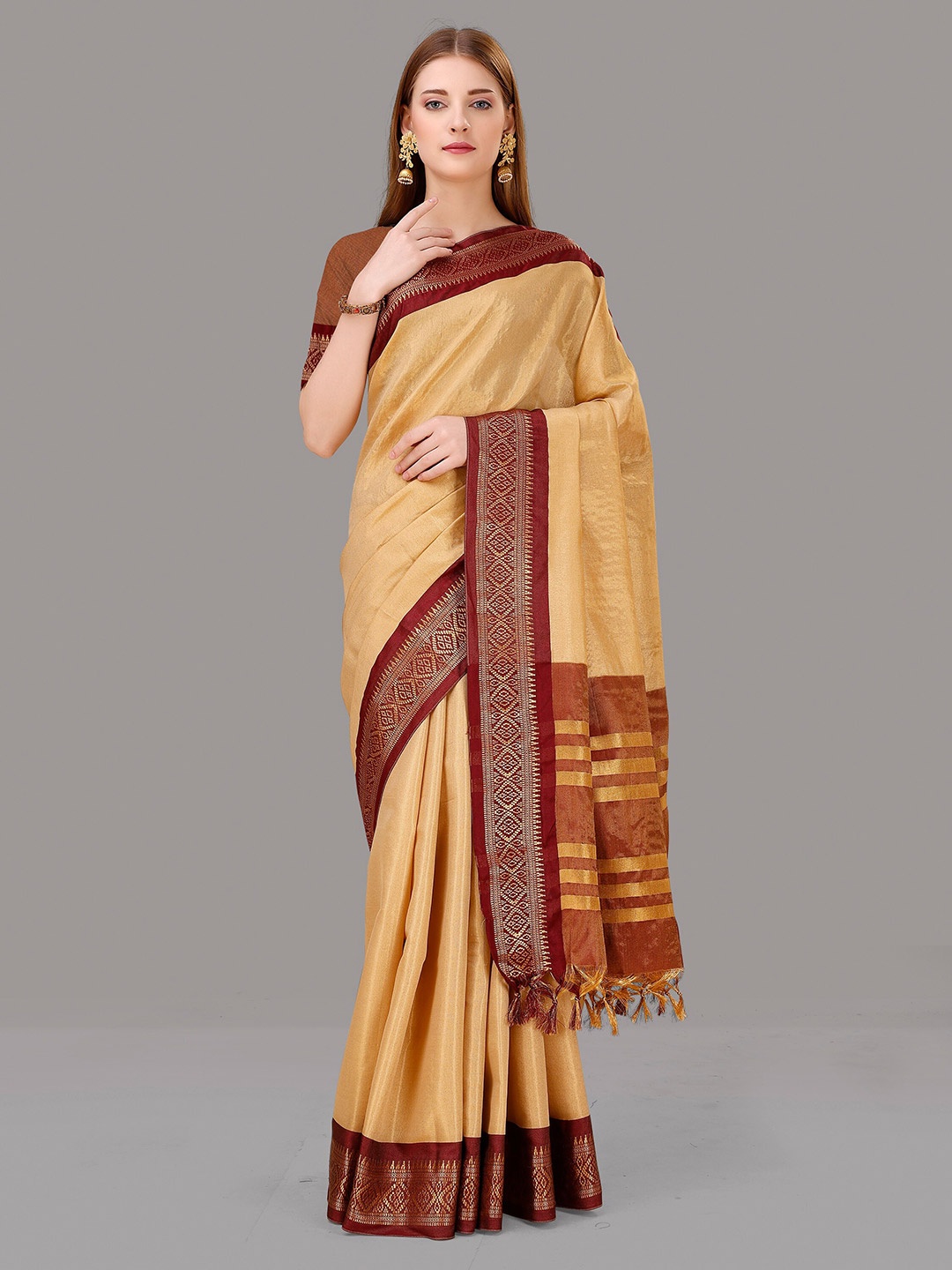 

ZIBLON Woven Design Zari Kanjeevaram Saree, Cream