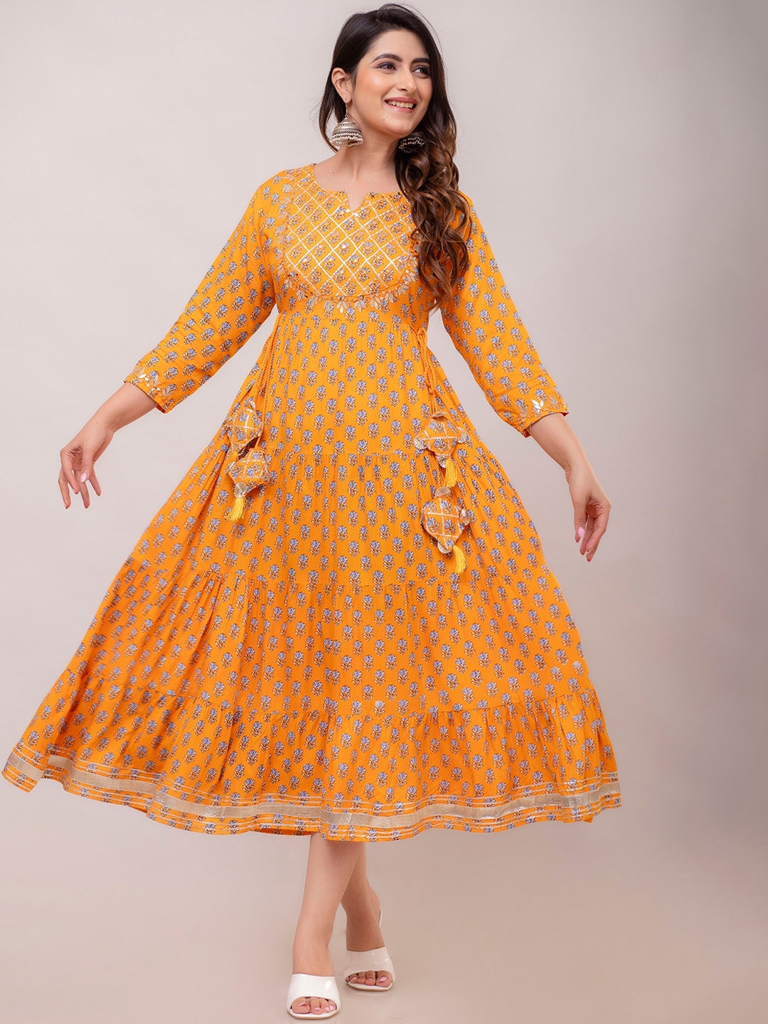 

SP DESIGNS Floral Printed Gathered Tiered Mirror Work Fit & Flare Midi Ethnic Dress, Yellow