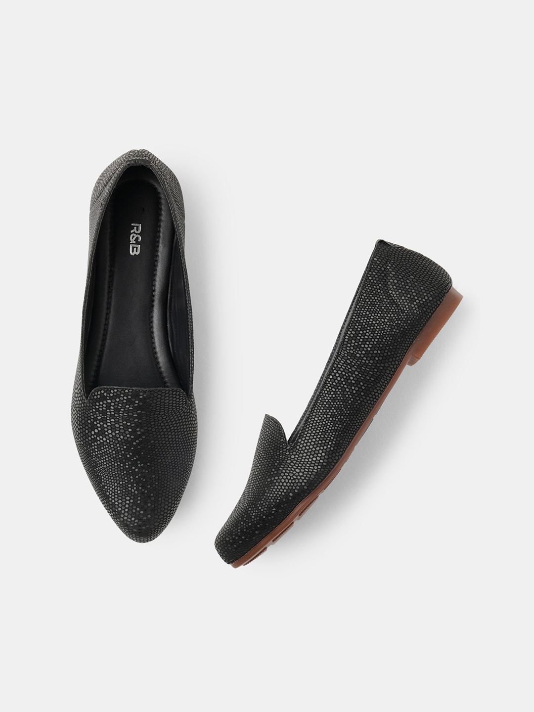 

R&B Textured Pointed Toe Slip-On Ballerinas, Black