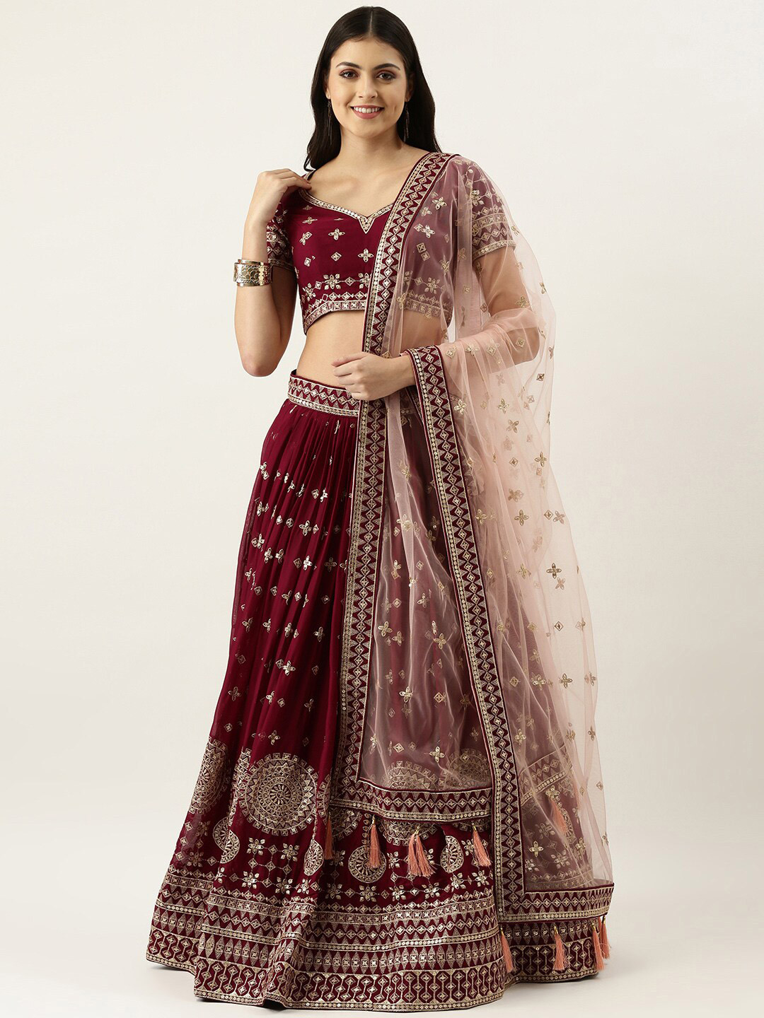 

VAANI CREATION Embroidered Semi-Stitched Lehenga & Unstitched Blouse With Dupatta, Burgundy