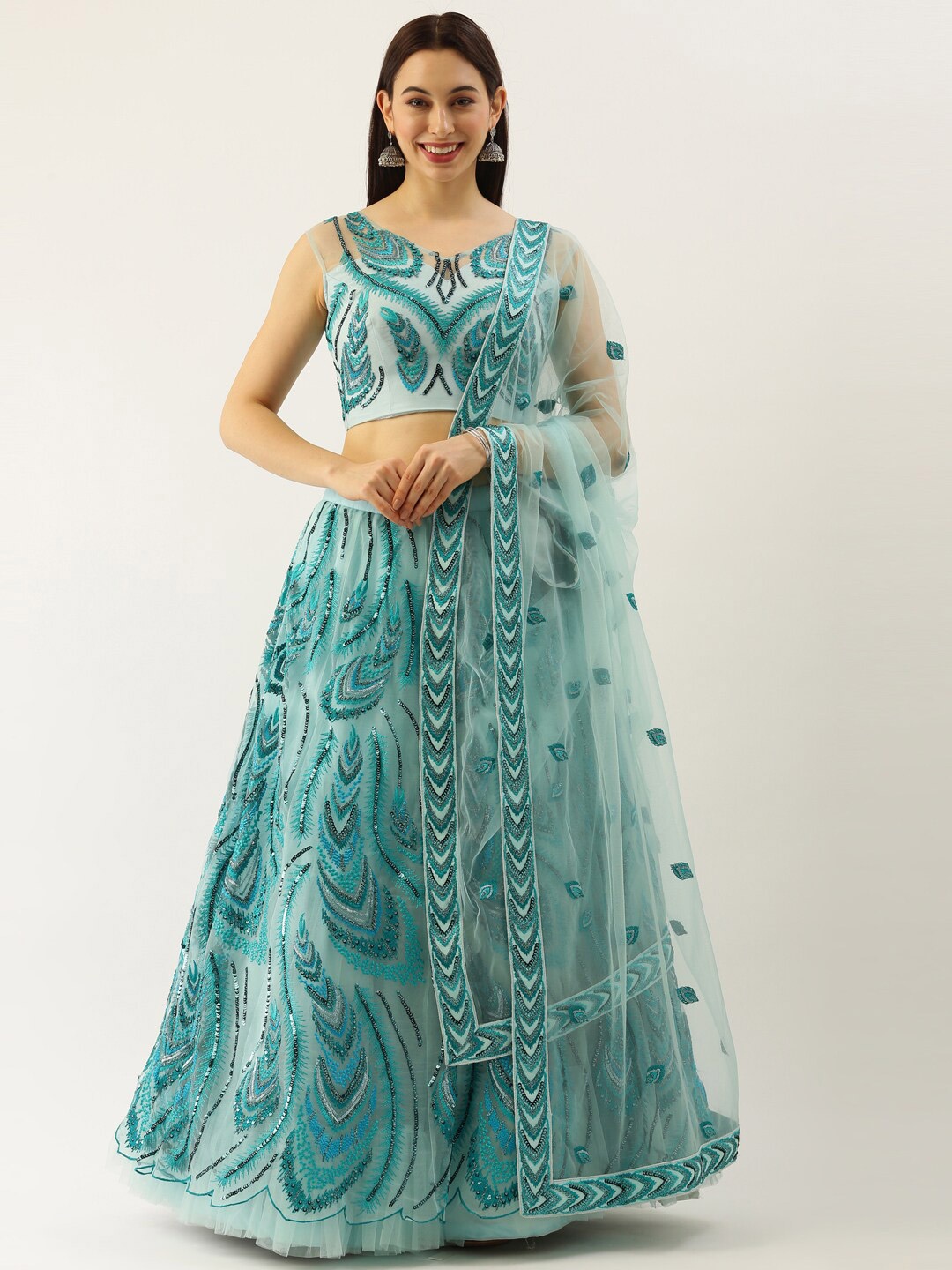 

VAANI CREATION Sequin Embellished Semi-Stitched Lehenga & Unstitched Blouse With Dupatta, Sea green