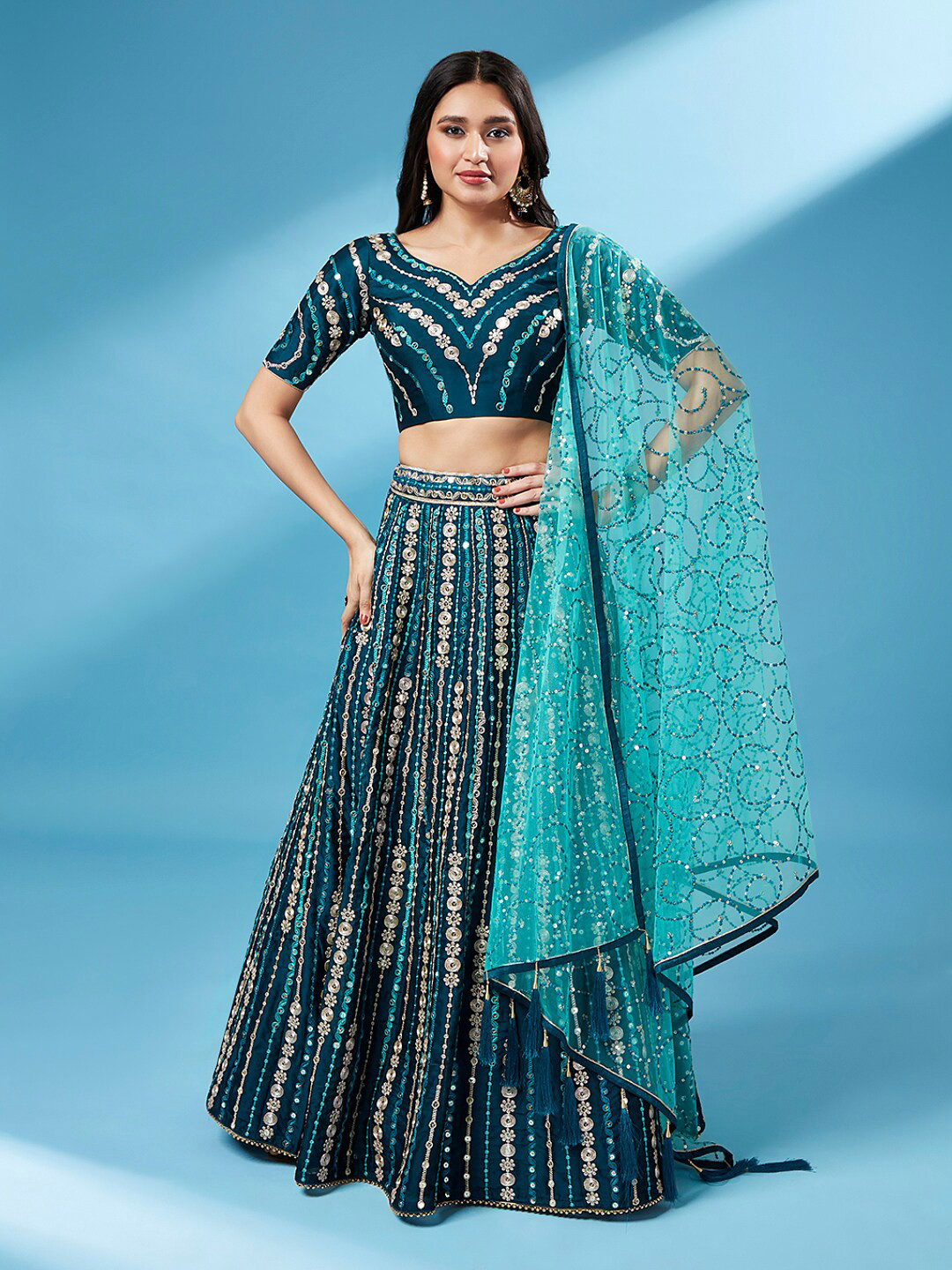 

VAANI CREATION Embroidered Semi-Stitched Lehenga & Unstitched Blouse With Dupatta, Teal
