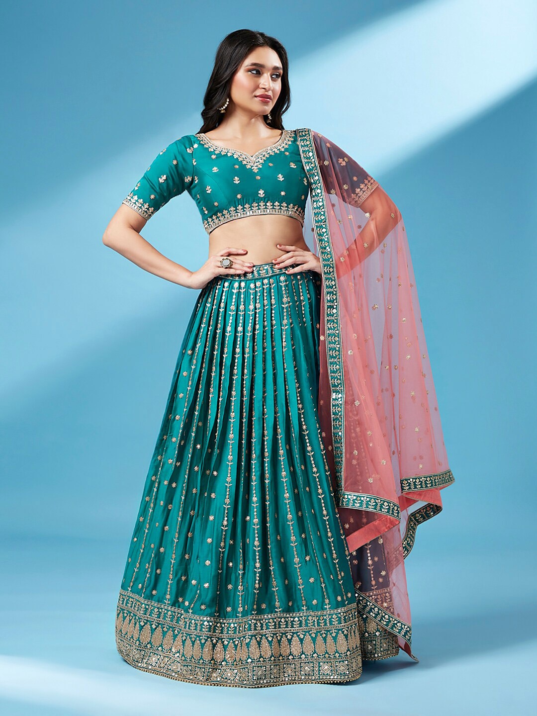 

VAANI CREATION Embroidered Semi-Stitched Lehenga & Unstitched Blouse With Dupatta, Green