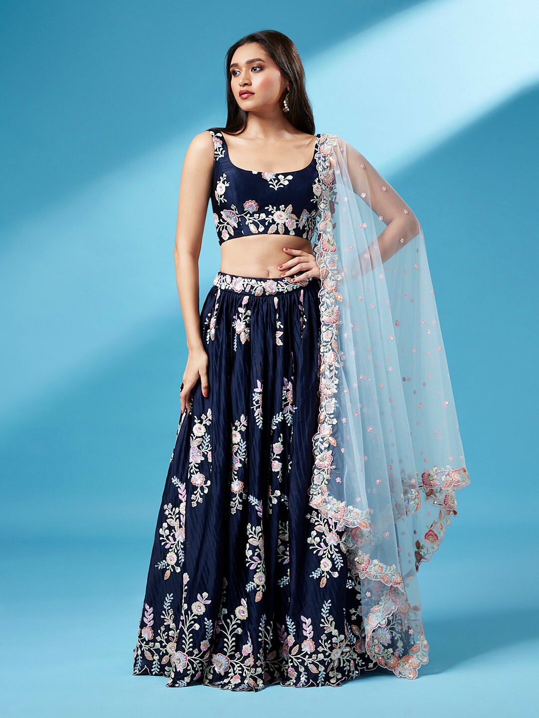 

VAANI CREATION Embroidered Semi-Stitched Lehenga & Unstitched Blouse With Dupatta, Navy blue