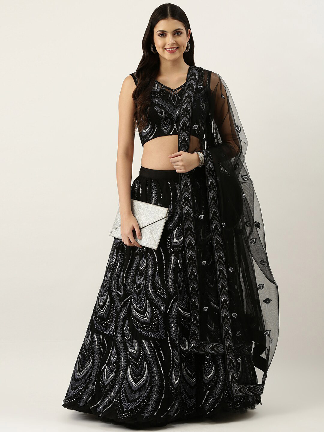 

VAANI CREATION Embellished Sequinned Semi-Stitched Lehenga & Unstitched Blouse & Dupatta, Black