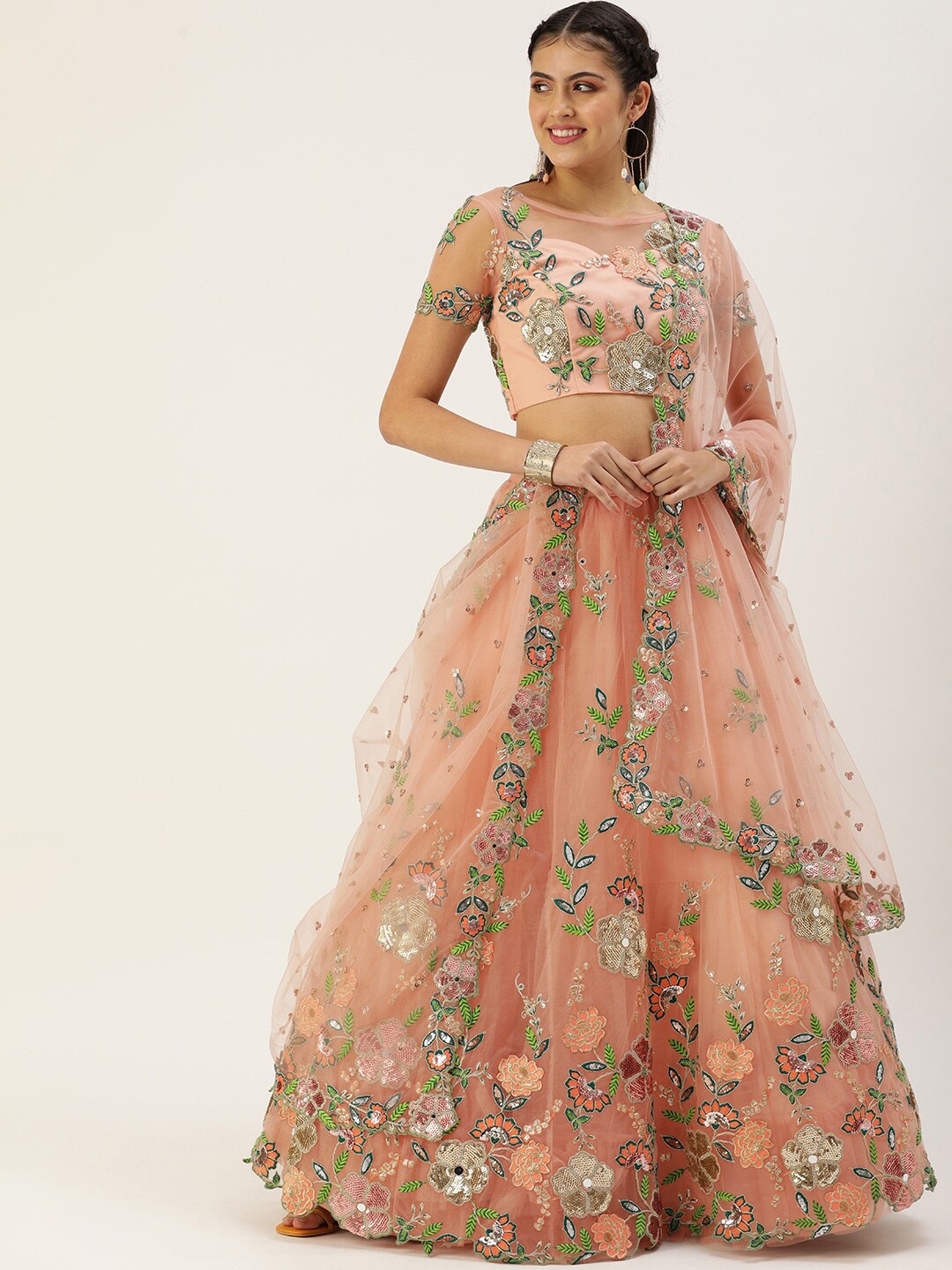 

VAANI CREATION Embroidered Semi-Stitched Lehenga & Unstitched Blouse With Dupatta, Peach