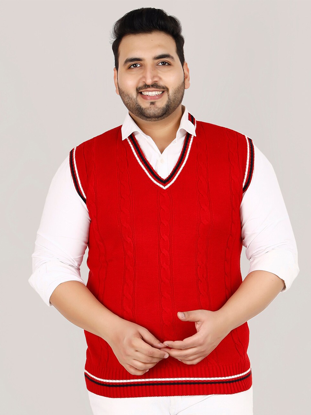 

Sztori Plus Size Cable Knit V-Neck Acrylic Sweater Vest, Red