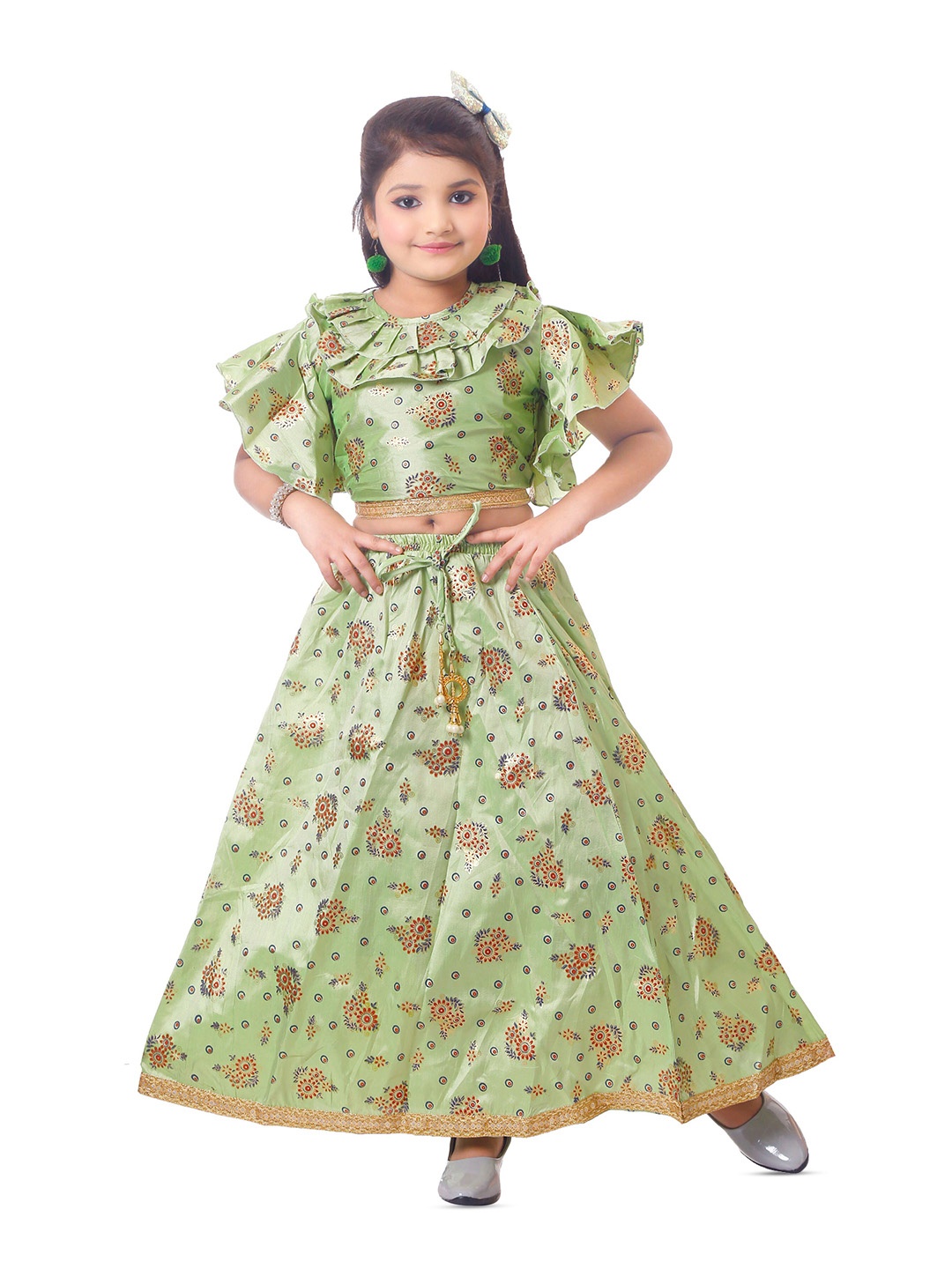 

BAESD Girls Printed Flared Sleeves Ready to Wear Lehenga & Blouse, Green