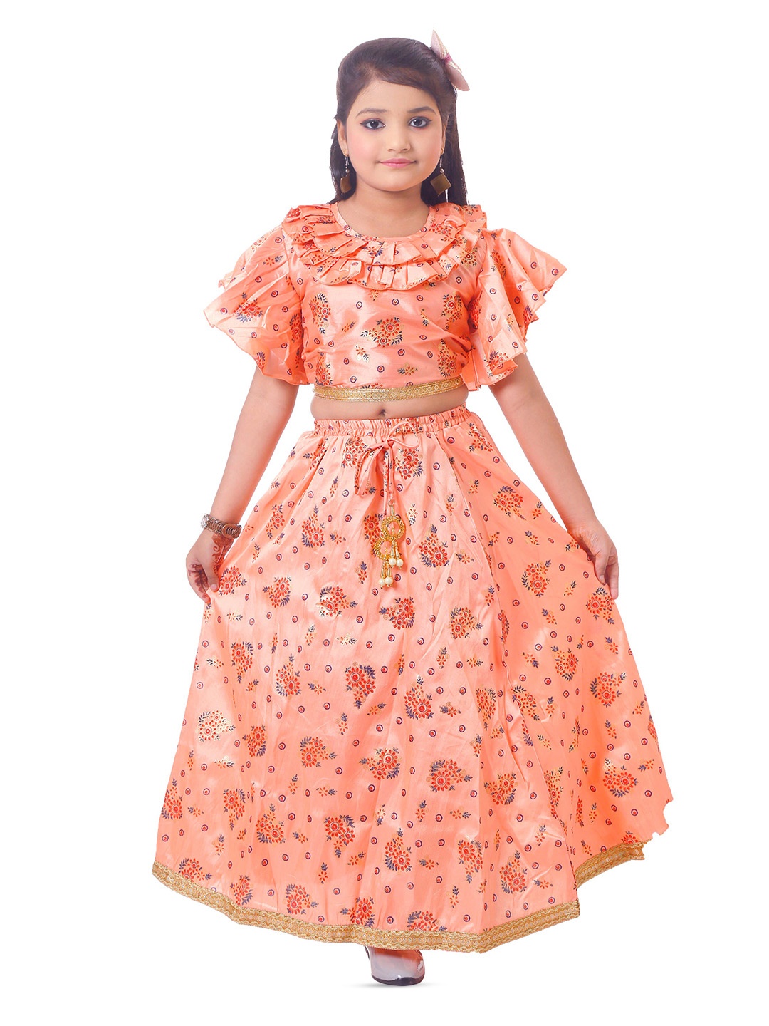 

BAESD Girls Printed Flared Sleeves Ready to Wear Lehenga & Blouse, Peach